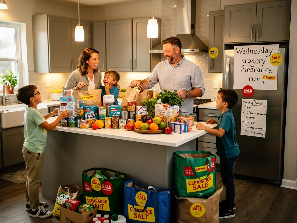Family enjoying savings from Wednesday grocery clearance haul.