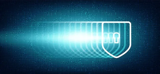 A digital shield protecting data with various security icons overlaid. The background features binary code and glowing network lines, representing a robust cybersecurity infrastructure.