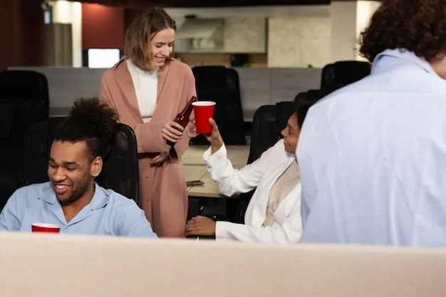 A group of diverse people around a conference table, engaging in a lively discussion with documents and laptops visible. The atmosphere is collaborative and professional, with a focus on international relations.