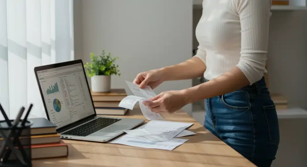 Person organizing receipts and tracking budget on a laptop