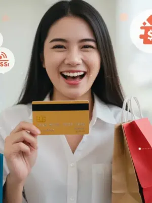 Woman smiling while holding a credit card with shopping bags and reward symbols