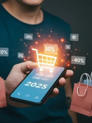 Illustration of a person finding hidden discount codes for 2025 online purchases.