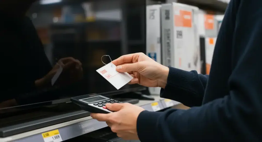 Person examining price tag and considering negotiation strategy