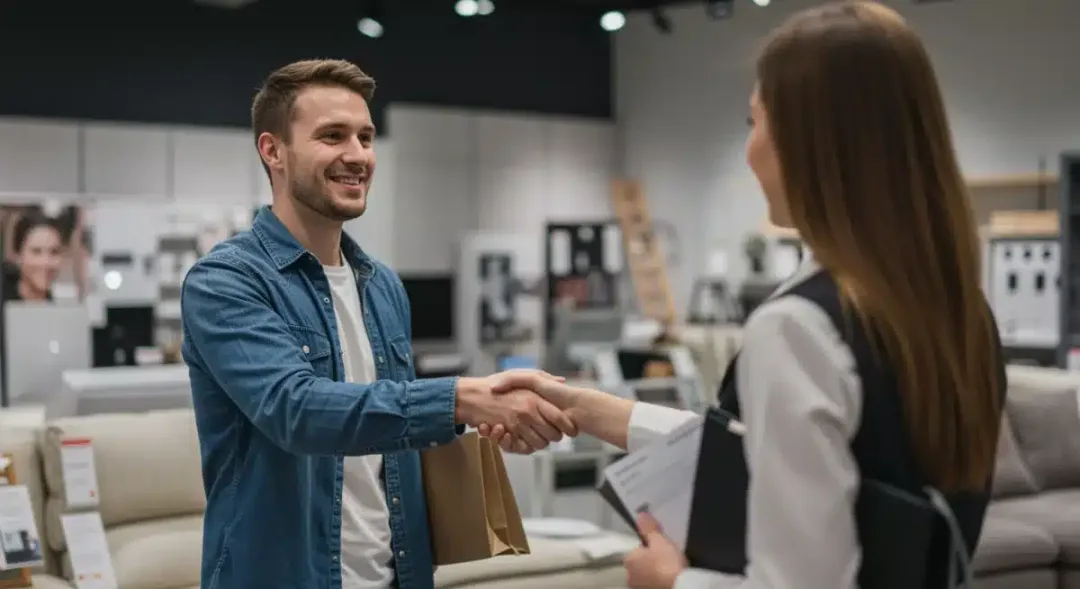 Confident shopper shaking hands with sales associate after successful negotiation