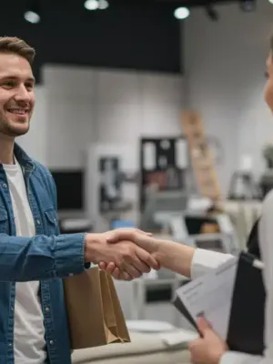 Confident shopper shaking hands with sales associate after successful negotiation