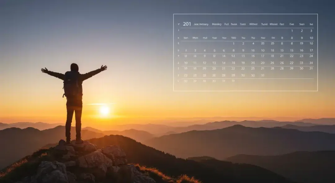 Person on mountain peak, symbolizing successful goal achievement over 12 months