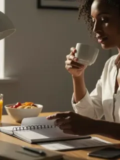 US professional starting a productive morning with coffee and planner