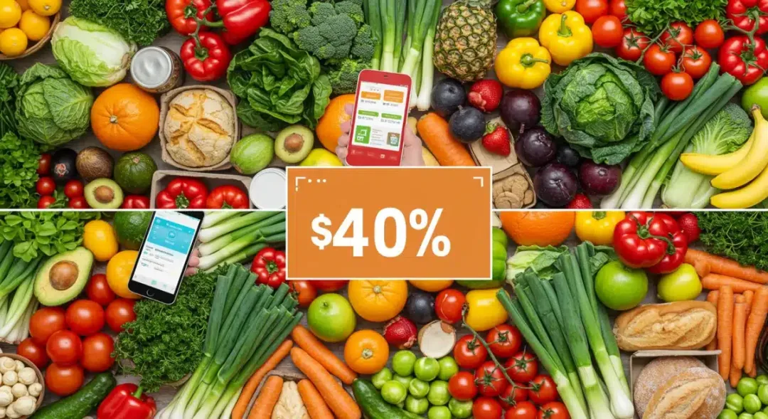 Illustration of smart grocery shopping with digital apps for maximum savings.