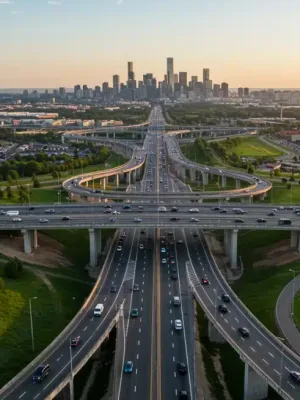 Modern highway interchange with flowing traffic and city skyline, representing infrastructure improvements