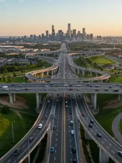 Modern highway interchange with flowing traffic and city skyline, representing infrastructure improvements