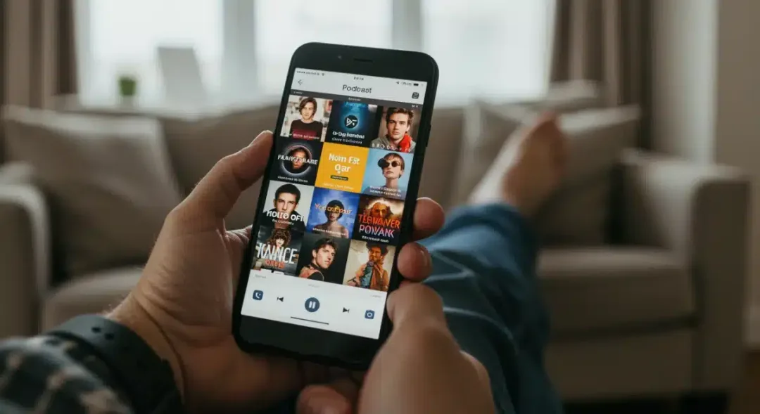 Hand holding smartphone with podcast app, showcasing diverse inspirational content.