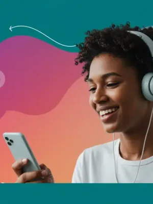 Smiling person listening to an inspirational podcast on a smartphone, embodying daily upliftment.