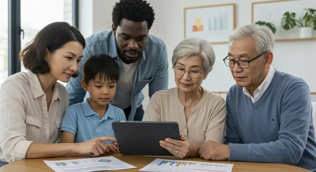 Family reviewing 2025 healthcare mandates on a tablet in their living room