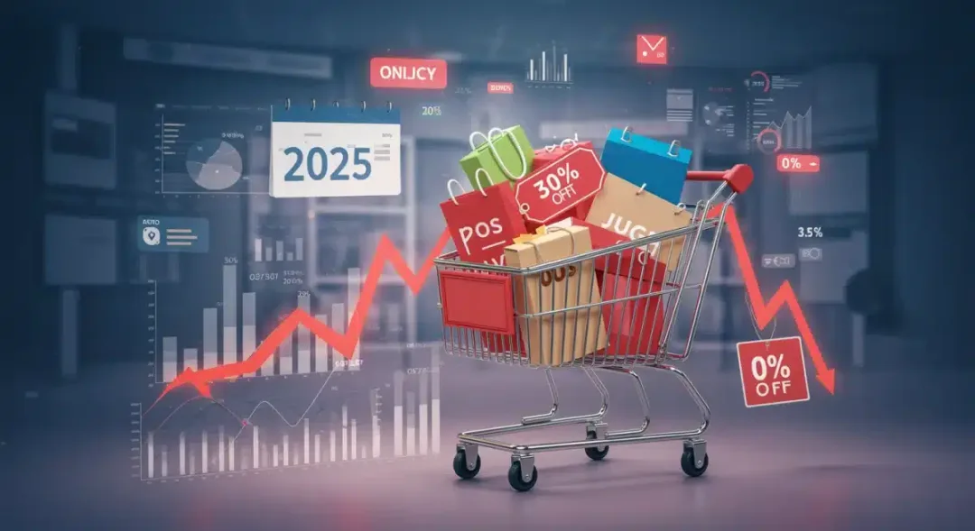 Illustration of online shopping success with price tracking tools, showing a cart with discounted items and a '30% Off' badge.