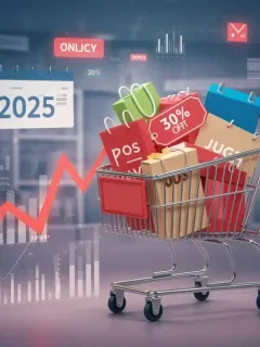 Illustration of online shopping success with price tracking tools, showing a cart with discounted items and a '30% Off' badge.