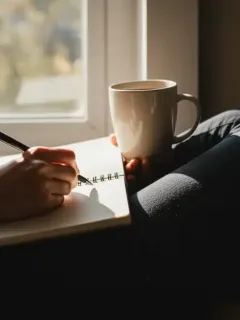 Serene person journaling gratitude with warm tea by a sunlit window.
