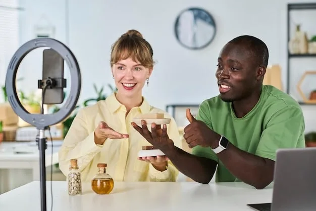 An influencer creating content in collaboration with a brand. The influencer is showcasing a product in a creative and engaging way, while the brand representative observes and provides feedback. The scene is set in a modern, aesthetically pleasing environment, highlighting the professional and collaborative nature of influencer marketing.