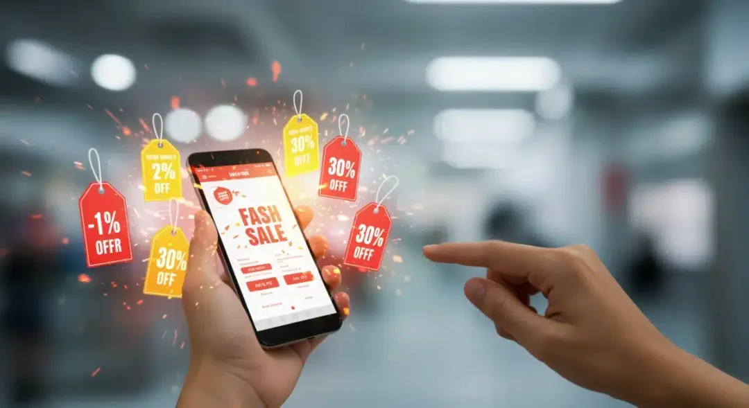Person excitedly engages with flash sale deals on a smartphone, surrounded by shopping bags and discount symbols, illustrating quick purchasing decisions.
