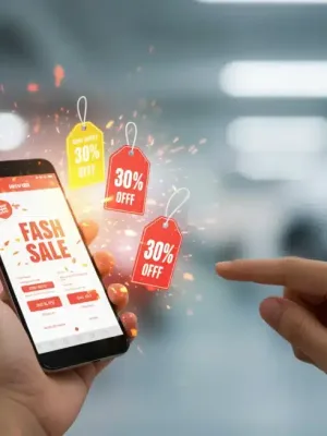 Person excitedly engages with flash sale deals on a smartphone, surrounded by shopping bags and discount symbols, illustrating quick purchasing decisions.