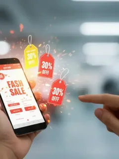 Person excitedly engages with flash sale deals on a smartphone, surrounded by shopping bags and discount symbols, illustrating quick purchasing decisions.