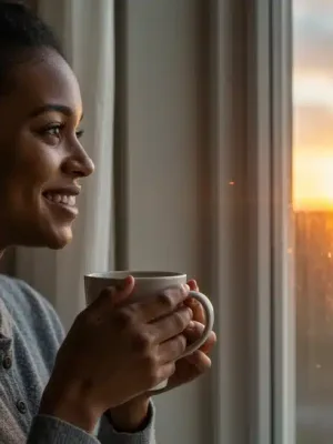 Person enjoying a quiet morning coffee, finding joy in a simple daily ritual