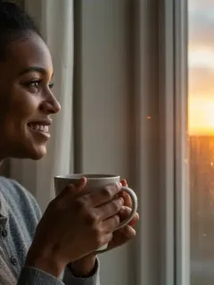 Person enjoying a quiet morning coffee, finding joy in a simple daily ritual
