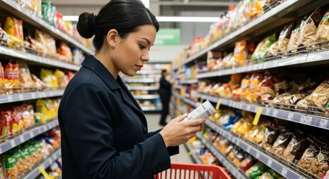 Shopper examining new federal food label for nutritional content