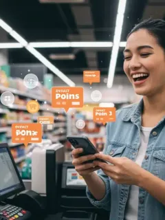 Person using smartphone for loyalty points at checkout, smart shopping