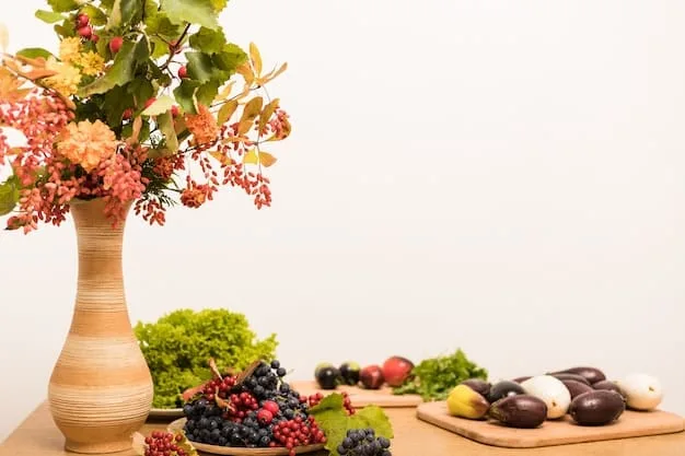 A vibrant display of fresh fruits and vegetables on a wooden kitchen countertop, with a blurred background showing a person preparing a meal, emphasizing healthy eating habits. The lighting is bright and natural.