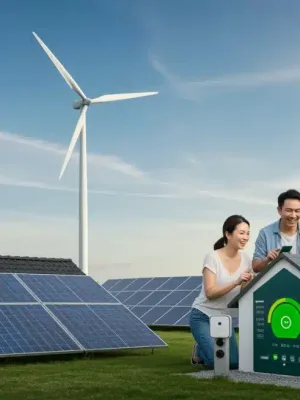 Solar panels on a modern home with wind turbines in the background, symbolizing US renewable energy incentives.