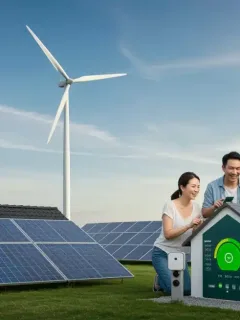 Solar panels on a modern home with wind turbines in the background, symbolizing US renewable energy incentives.