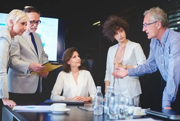 A group of professionals in a boardroom discussing compliance strategies. The atmosphere is collaborative, depicting teamwork and problem-solving.