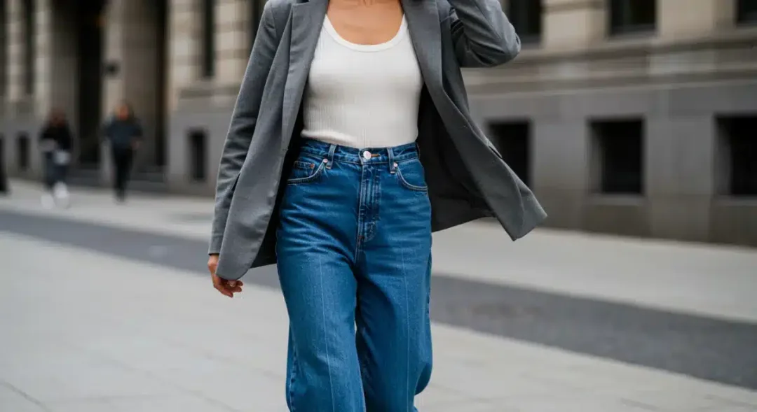Woman wearing high-waisted wide-leg denim jeans with a white tank top and blazer in a city setting.