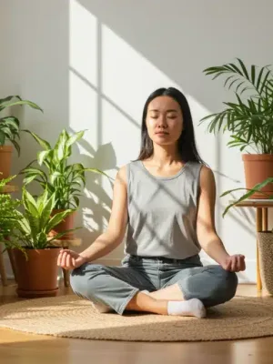 Person meditating peacefully in a sunlit room, symbolizing mindful living and stress reduction.