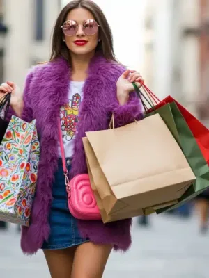 Stylish woman with shopping bags, showcasing smart fashion choices in urban setting