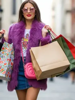 Stylish woman with shopping bags, showcasing smart fashion choices in urban setting