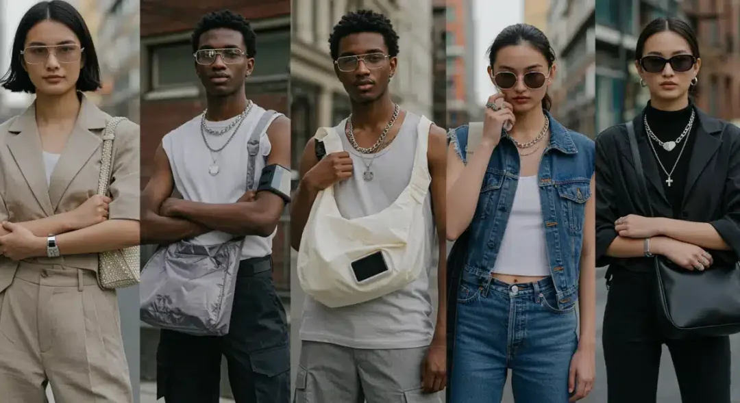 Diverse individuals displaying latest accessory trends in a vibrant urban street fashion scene.
