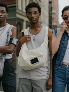 Diverse individuals displaying latest accessory trends in a vibrant urban street fashion scene.