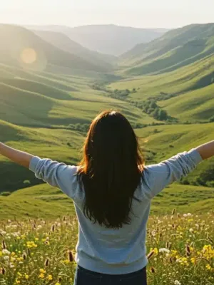 Person with open arms in a vibrant, abundant landscape, symbolizing a positive mindset shift.