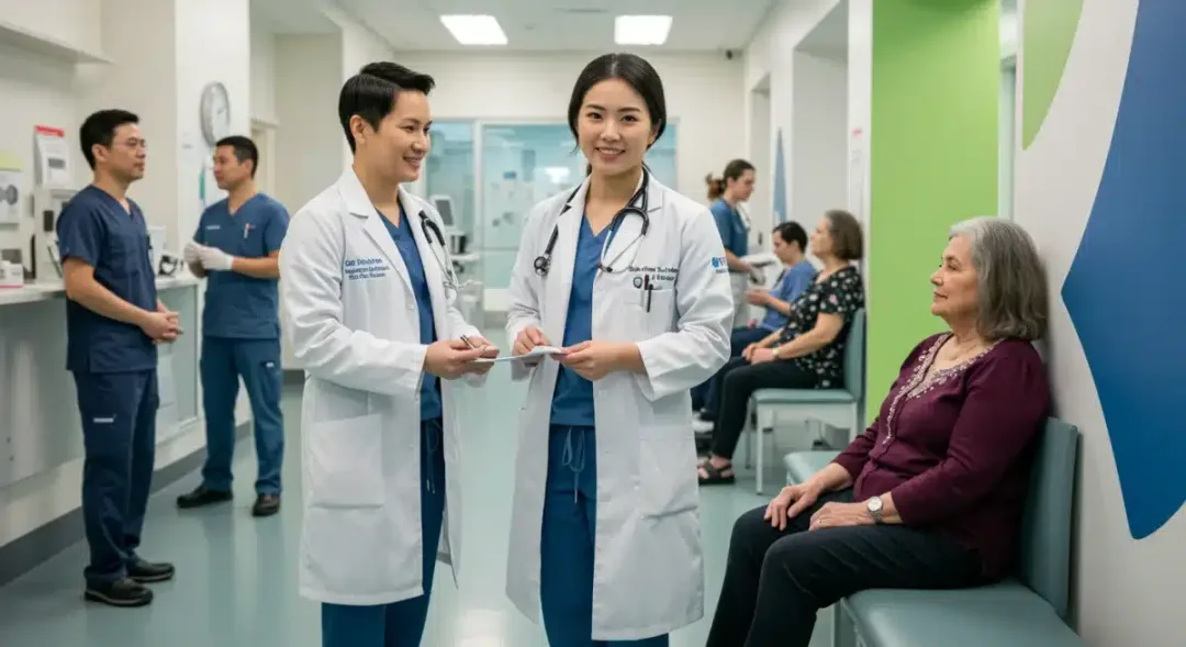 Healthcare workers attending to patients in a clinic, symbolizing healthcare job market expansion.