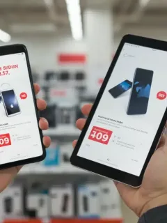 Person comparing prices on tech gadgets using price matching strategies for 2025 purchases.