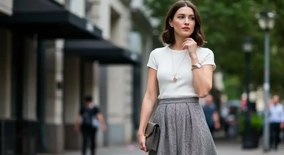 Woman blending vintage A-line skirt with modern top in city street.
