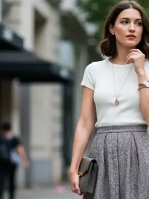 Woman blending vintage A-line skirt with modern top in city street.