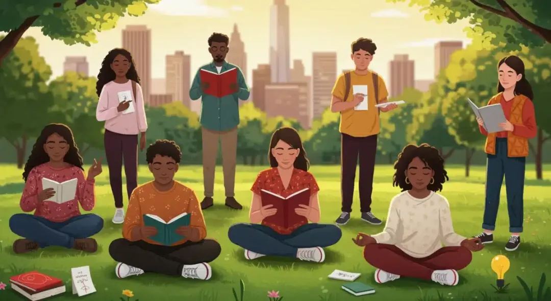 Diverse individuals discovering purpose in a vibrant US park setting.