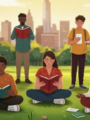 Diverse individuals discovering purpose in a vibrant US park setting.