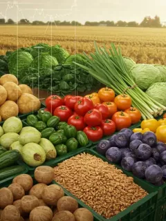 Illustration of diverse fresh produce, economic charts, and a calendar representing the 2025 Farm Bill's impact on food prices.