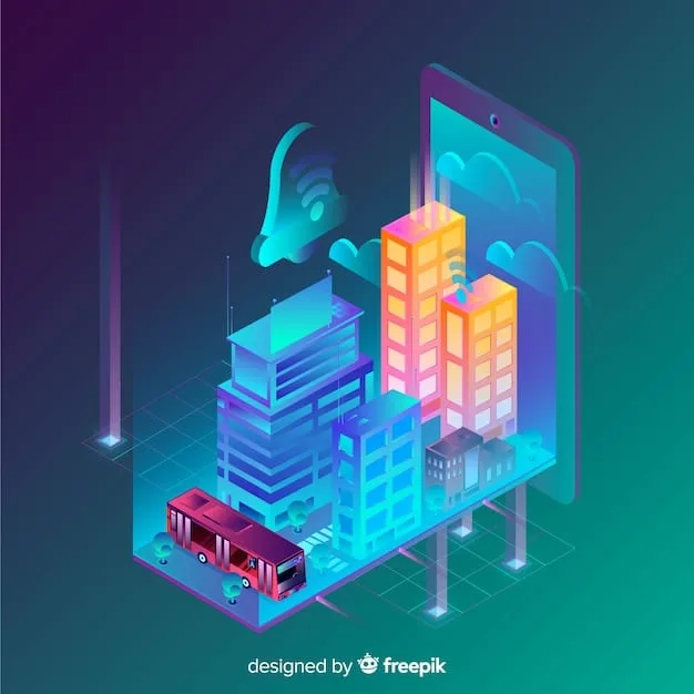 An illustration of a smart city with interconnected devices, autonomous vehicles, and smart public transportation, all enabled by 5G technology.