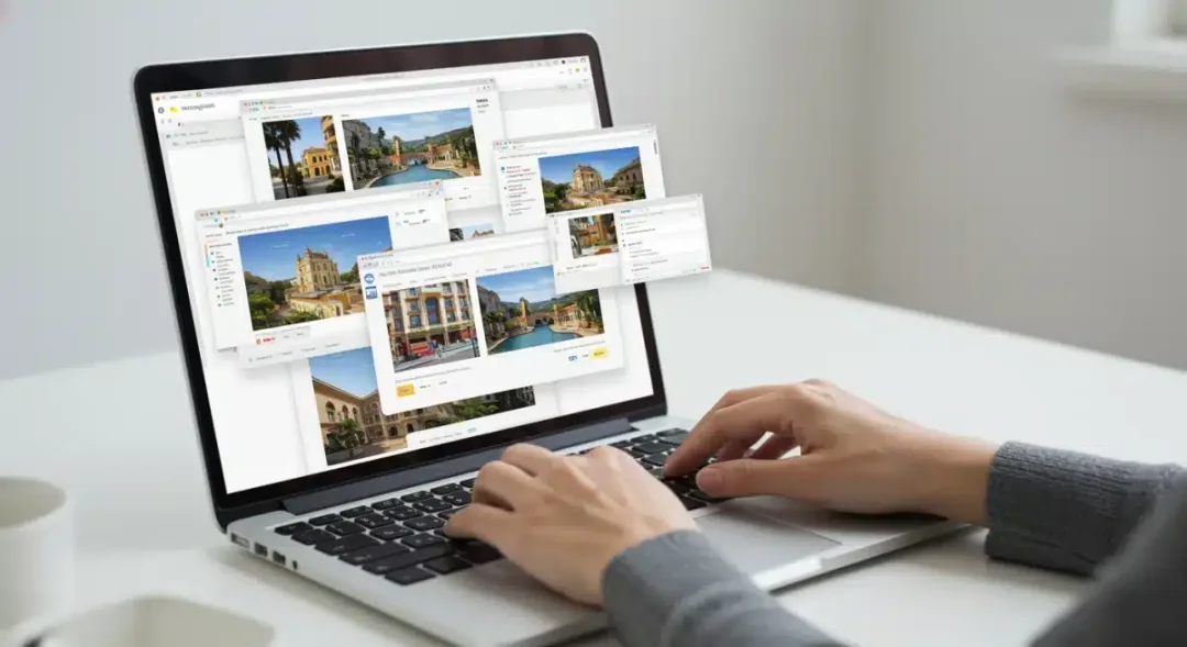 Incognito browsing for hotel deals, comparing prices across tabs.