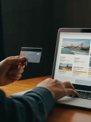 Savvy traveler planning 2025 trip, saving money on flights and hotels.