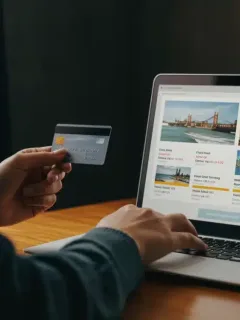 Savvy traveler planning 2025 trip, saving money on flights and hotels.